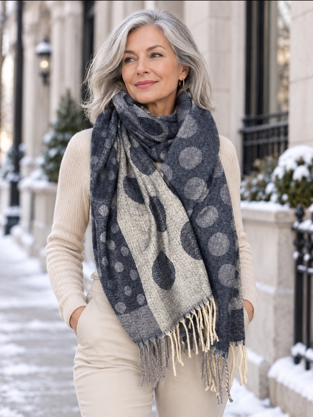 Beautiful Blue/Beige Polka Dot Fringe Wrap Scarf❤️72x24